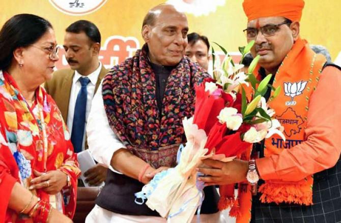 New Rajasthan Chief Minister Bhajanlal Sharma with Rajnath Singh and Vasundhara Raje. Photo: INN